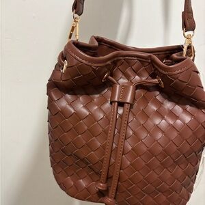 Brown Woven Faux Leather Bucket Bag